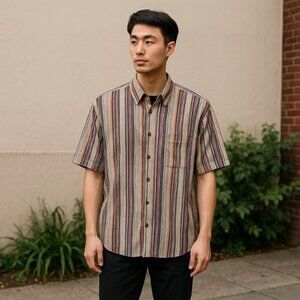 Vintage MUNSINGWEAR Red, Cream, Blue Striped Casual Button Down Shirt | Size L